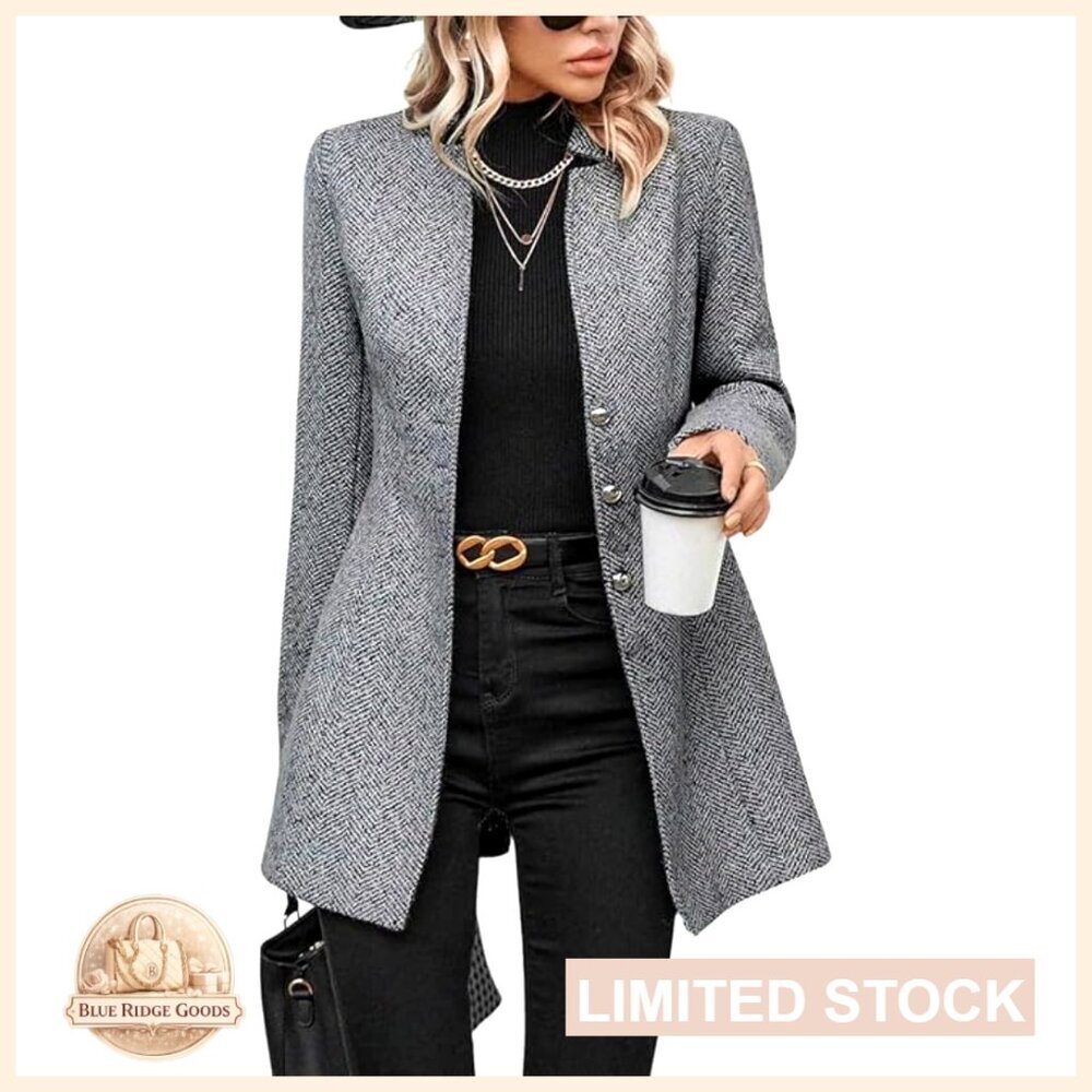 Classic Wool Blend Pea Coat Notch Collar Loose Fit Mid-Long Trench Coat